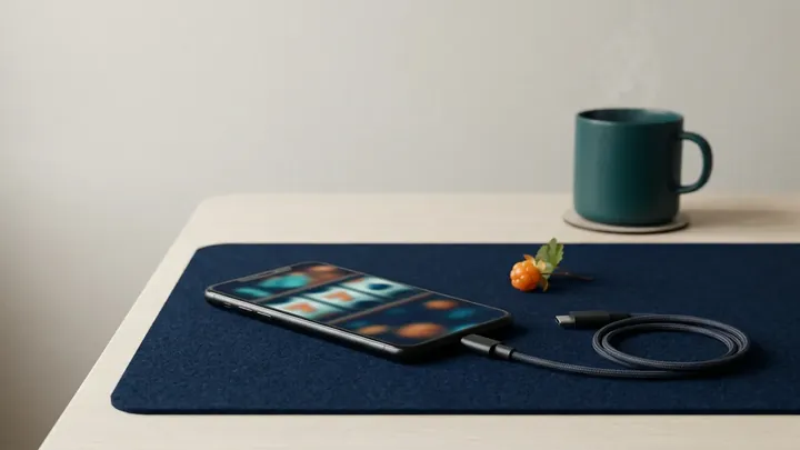Svart smartphone med laddkabel på ett mörkt skrivbord