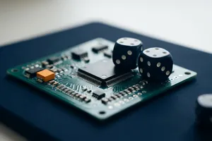 Kretskort med mikrochip och två tärningar