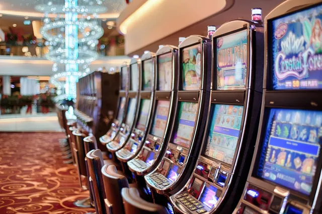 Rad av spelautomater med upplysta skärmar