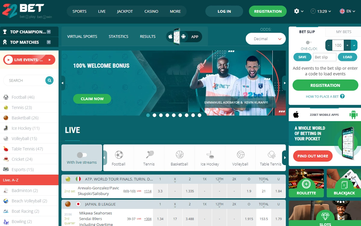 22 Bet home page